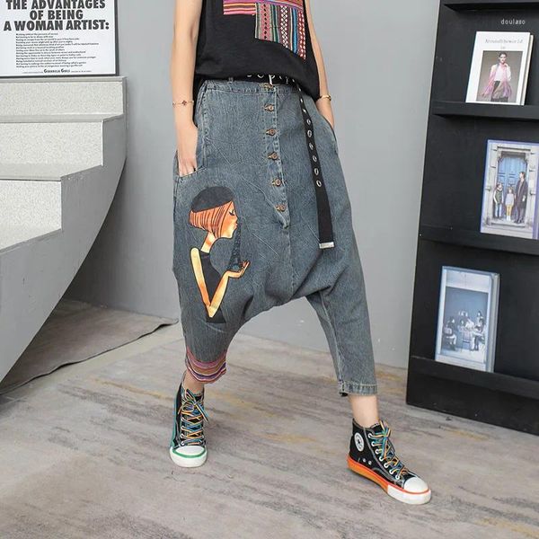 Jeans pour femmes Baggy Denim Pantalons croisés Femmes BF Style Cute Girl Imprimer Low Drop Entrejambe Hip-Hop Harajuku Cowboy Jogger Pantalon