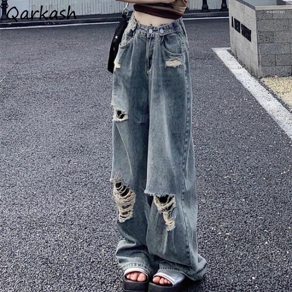 Jean pour femmes Baggy Hole Femme Streetwear Y2k Girls High Waist Vibe rétro Retro Disted Harajuku Tableau denim Pantalon Hip Hop Personalités