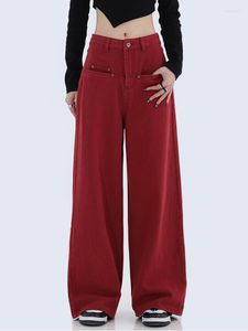 Jeans pour femmes Baggy Rouge Streetwear Vintage 90s Y2k Pantalon en denim droit Punk Harajuku Coréen Taille haute Pantalon à jambes larges Vêtements