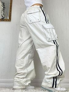Damesjeans Baggy White Pant Lage Regment Cargo Jogging Lace Up Wide Leg Side Stripe Streetwear Losse denim broek 230209