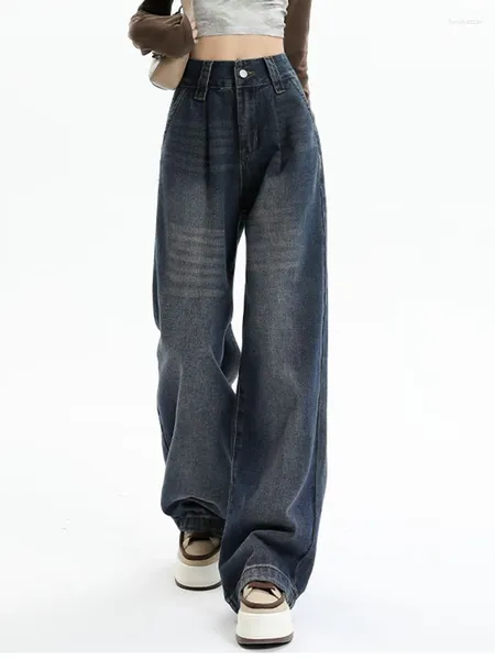 Jeans pour femmes Baggy Femmes Denim Pantalon Bleu Rayé Taille Haute Streetwear Large Jambe Mode Pleine Longueur Droite Mop