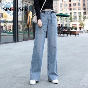 Jeans pour femmes Baggy Femmes Large Jambe Denim Pantalon Bleu 25-32 Femme Denims Lâches Pour 2023 Dames Élégant Taille Haute