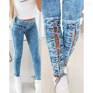 Jeans pour femmes Bandage Taille Basse Femmes Bleu Streetwear Skinny Leggings Denim Pantalon Chic Vintage Pantalon Vêtements Élastique