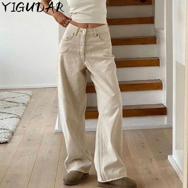 Jeans pour femmes beige Baggy Femmes Contrôle de jean décontracté Pantalons de jambe large vintage Streetwear classique