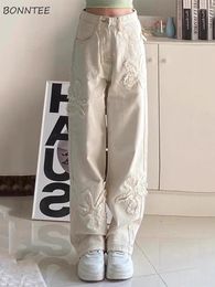 Jeans pour femmes beige florale femme lâche vintage long denim harajuku haute taille gentle ulzzang collège d'automne streetwear streetwear tout-match