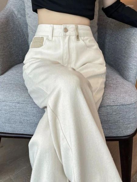 Jeans pour femmes beige lâche chic poche classique féminine haute taille printemps basique complète mode simple simple xs-xl femmes