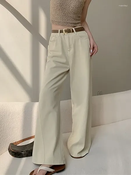 Jeans pour femmes beige large jambe droite femme décontractée petit ami complet pantalon denim streetwear 2024