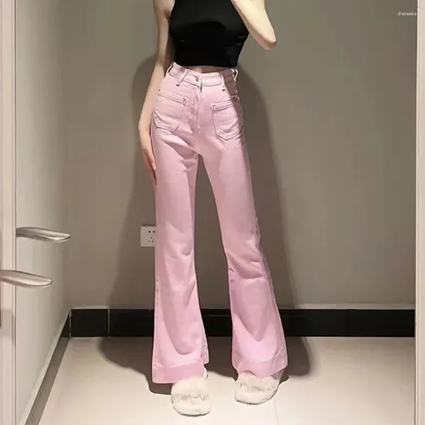 Jeans Femme Bell Bottom Flare Denim Pantalon Femme Rose Avec Poches Évasée Taille Haute S Pour Femmes Kawaii Pantalon Vibrant Taille X Larg