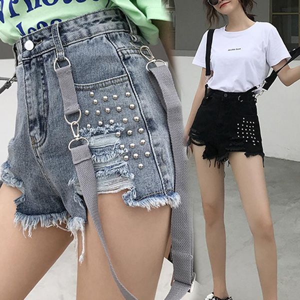 Jeans pour femmes Ceinture Denim Shorts Femmes Chemise perlée Pantalon Trous cassés 2023 Été Mendier Mode Étranger Noir