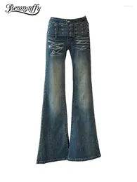 Jeans Femme Benuynffy American Vintage Belted Femmes Y2K Mode High Street Slim Fit Flare Pantalon 2024 Printemps Lavé Denim Pantalon