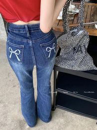 Jeans féminins Benuyffy Bow Print Flare Fashion coréenne Y2K Streetwear High Taist Femme décontractée vintage Pantalon denim complet