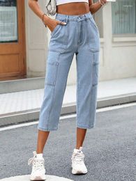 Jeans pour femmes Benuynffy Casual Zipper Summer Capri Femmes Mode Vintage avec poches taille haute jambe droite Denim Pantalon