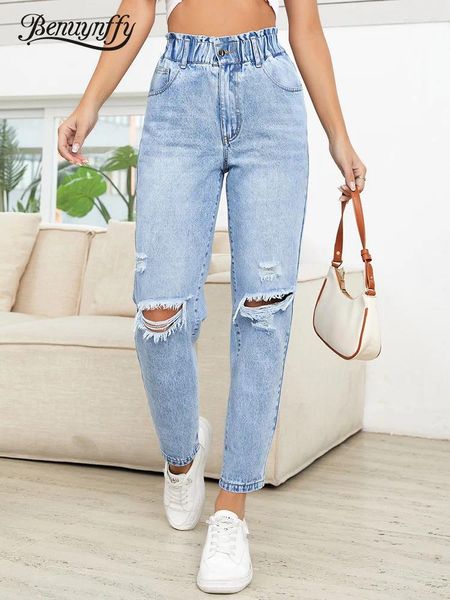 Jeans féminins Benuyffy Élastique Ripped For Women Fashion Korean Casual Streetwear femme Pantalon de petit ami vintage