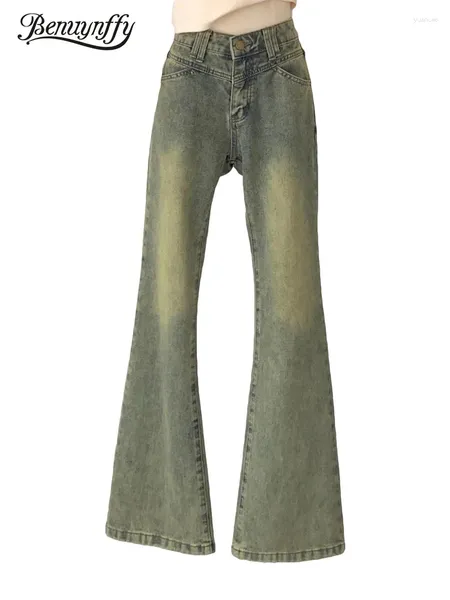 Pantalones vaqueros para mujer Benuynffy moda callejera desgastada pantalones con fondo de campana americano Retro cintura baja damas lavadas llamaradas 2024