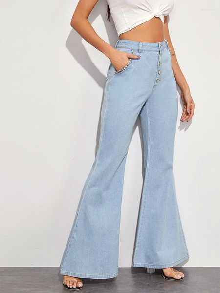 Jeans pour femmes Benuynffy taille haute bouton évasé perlé décontracté jambe large pour les femmes Y2K pantalon en denim lâche avec poches