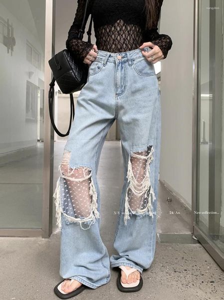 Jeans féminins Benuyffy rétro do Old Ripped Straight Streetwear Boyfriend Boyful Wide-leg Pantal