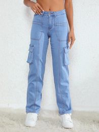Jeans féminins Benuyffy vintage vintage à taille haute pantalon à jambe droite multi-poches Cargo lâche 2024