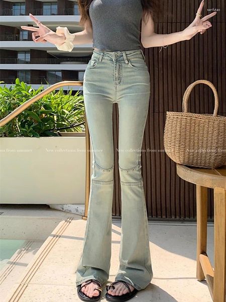 Jeans pour femmes Benuynffy Vintage Light Blue Rivet Mom pour femmes 2024 Y2K Streetwear Taille haute Slim-Fit Denim Flare Pantalon