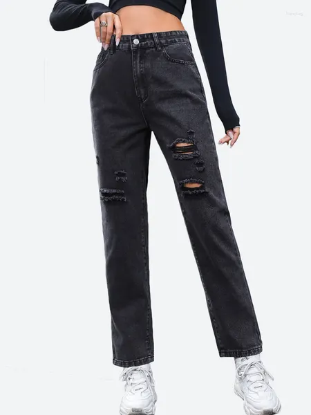 Jeans pour femmes Benuynffy Femmes Ripped High Taille Poches Casual Streetwear Boyfriend Distressed Baggy Straight Leg Denim Pantalon