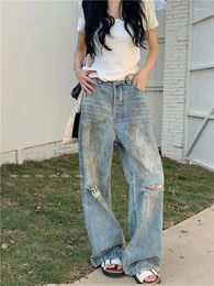 Jeans pour femmes Benuynffy Y2K Street Retro Ripped pour les femmes Mode coréenne Lavé taille haute taille droite Denim Pantalon sans ceinture