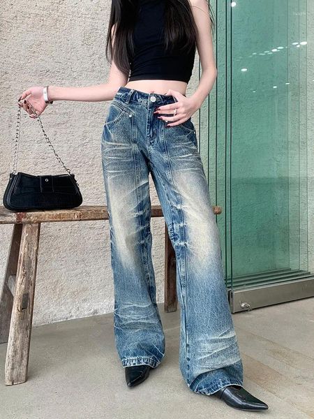 Jeans pour femmes Benuynffy Y2K Streetwear Taille haute Harajuku Lâche American Vintage Washed Do Old Straight Wide Leg Denim Pantalon