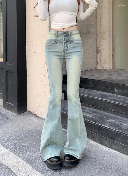 Jeans pour femmes Benuynffy Y2K Vintage Blue Flare Fashion Street Style Taille basse 90s Filles Coréen Stretch Slim Denim Long Pantalon