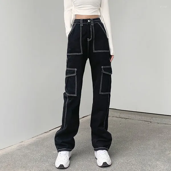 Jeans pour femmes Big Pocket Black Cargo Streetwear Poches Taille haute Pantalon en denim droit Femmes Harajuku Jambe large Pantalon long Y2K Vintage