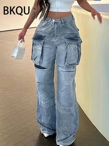 Jeans pour femmes BKQU Big Pocket Blue Washed Cargo Pant 2023 Mode Rétro High Street Lâche Taille Droite Grunge Baggy 231201