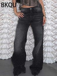 Jeans Femme BKQU taille basse jambe Large jean femme 2024 américain noir strass poche Denim pantalon femme Super grand BF Style jean homme J240217