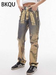 Jeans Femme BKQU métal taille haute jean droit femmes 2023 automne nouveau imprimé jambe ample Denim pantalon vêtements de rue chez l'habitant rétro J240306