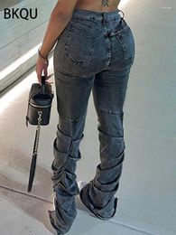 Jeans para mujeres Bkqu Ruched Split Women Y2K Pantalones apilados 2024 Moda Denim alta Denim flaca Pantalones altos altos