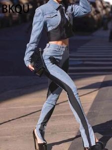 Jeans pour femmes BKQU Skinny Femmes Split Design Crayon Pantalon Mode Taille Haute Contrat Couleur Patchwork Élastique Long Denim En Gros