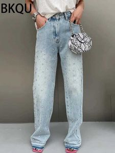 Jeans Femme BKQU droit Baggy jean femmes taille haute jambe large strass Denim pantalons longs 2023 mode Streetwear diamants brillant pantalon J240202 J240217