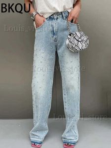 Damesjeans bkqu rechte baggy jeans dames hoge taille wijd been steentjes denim lange broek 2023 mode streetwear diamanten shinny broek t240221