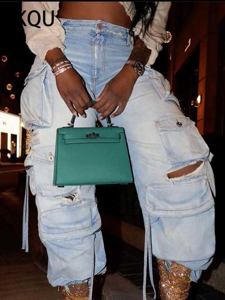 Jeans Femme BKQU Street Pantalon Cargo populaire mode femme taille haute droit Baggy Jean esthétique multi-poches pantalon fée Grunge 2023 J240202 J240217