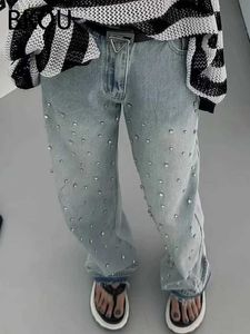Damesjeans bkqu wide been rechte jeans voor vrouwen 2024 Koreaanse strass ontwerpping blauw hoge taille baggy broek vrouwelijke diamanten shinny broek t240412