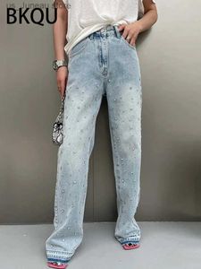 Damesjeans bkqu wide been rechte jeans voor vrouwen 2024 Koreaanse strass ontwerpping blauw hoge taille baggy broek vrouwelijke diamanten shinny broek 1 T240415
