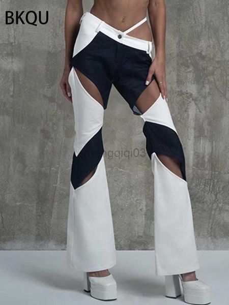 Jeans pour femmes BKQU Y2k évider taille basse pantalon évasé Sexy noir blanc contraste couleur pantalon été découpé pantalon droit Rave Club Wear Y23