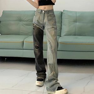 Jeans pour femmes Noir Bleu Splice Femmes Pantalon évasé droit Taille haute Vintage Denim Femme Harajuku Streetwear Chic Pantalon de marée des années 2000