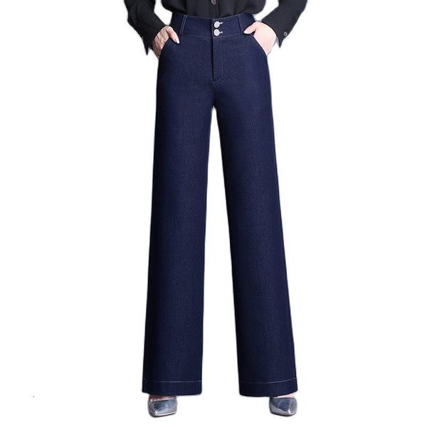 Jeans pour femmes noir bleu jambe large plat taille haute droite automne hiver stretch denim pantalon épais m à 6xl 230111