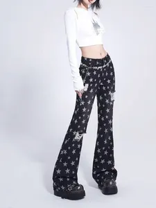 Jeans pour femmes Black Bootcut Style américain Babes Slim Fit Plein d'étoiles imprimées Pantalon déchiré Summer Street Fashion