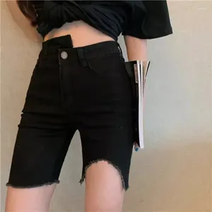 Jean pour femmes shorts en jean élastique noir pour l'été irrégulier serré à taille haute