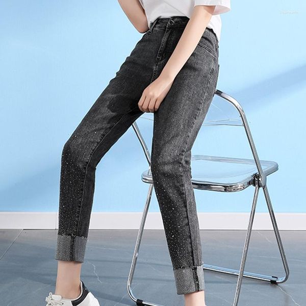 Jeans de mujer Negro Flanging Costura Contraste Fino Recto Suelto Cintura Alta Terciopelo Fino Frosted 2023 Primavera