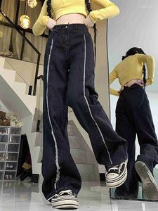 Jeans pour femmes noir pour femmes pantalons en denim gland rayé taille haute streetwear jambe large mode vintage vadrouille droite