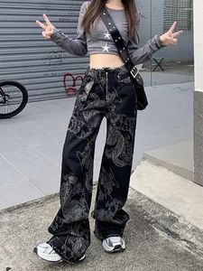 Jeans pour femmes Noir Gothique Baggy Print Vintage Y2k Années 90 Pantalon en denim esthétique Harajuku Pantalon de cowboy Emo Vêtements trash des années 2000
