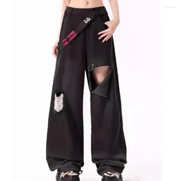 Jeans pour femmes Black Gothic Baggy Y2K Ripped Vintage Hollow Out Cowboy Pantalon Harajuku Punk Denim Pantalon 2000s Trash Emo Vêtements