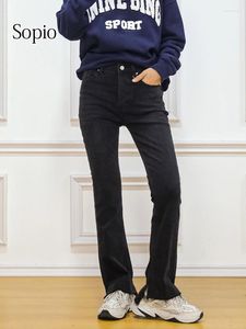 Jean femme noir gris taille moyenne pantalon en jean mode devant court dos Long pantalon serré femme Chic fendu lavé 2024