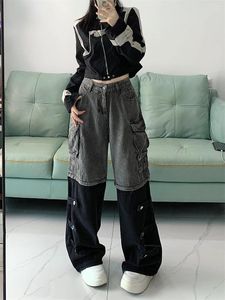 Jeans pour femmes noir gris taille haute épissé design mode américaine vintage streetwear pantalon large femme baggy denim pantalon