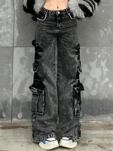 Jeans féminins noire gris grand poche vintage street cool fille haute taille pantalon de jambe large femelle pantalon de jean consécutif décontracté