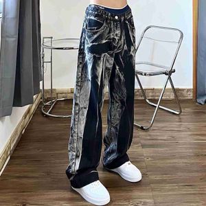 Damesjeans Zwarte jeans Dames Tie Dye Washed Rechte broek met wijde pijpen Hoge taille Goth Vintage Street chic Denim Casual hippiebroek 24328